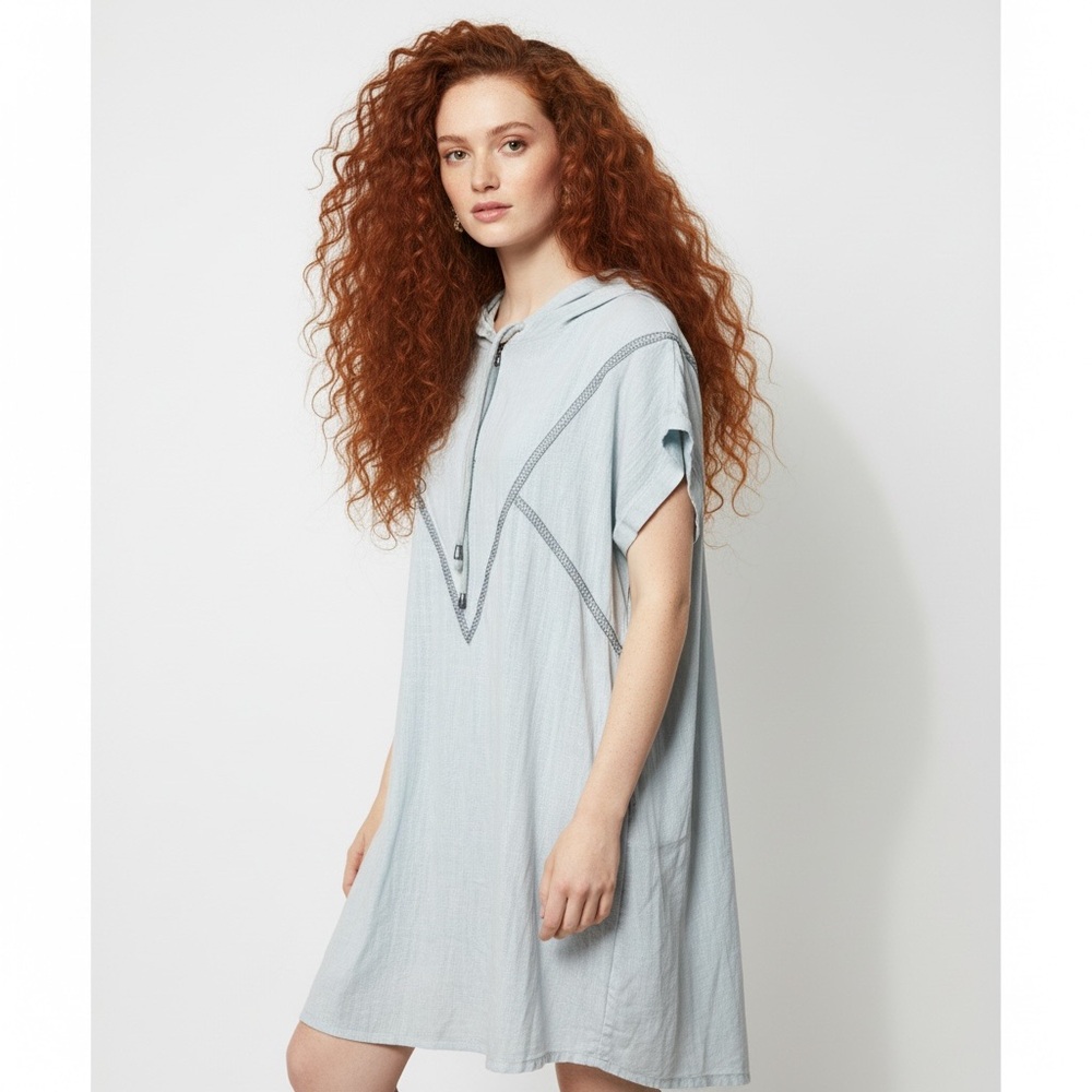 Goa Blue Green Linen Blend Metallic Rick Rack Boho Hoodie Dress Size M